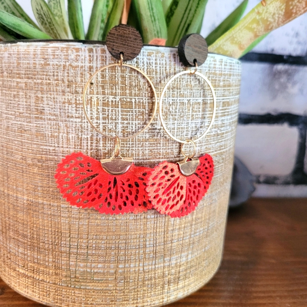 Boho wood, metal fabric oversized dangle earrings. Handcrafted by Tineka Dawn